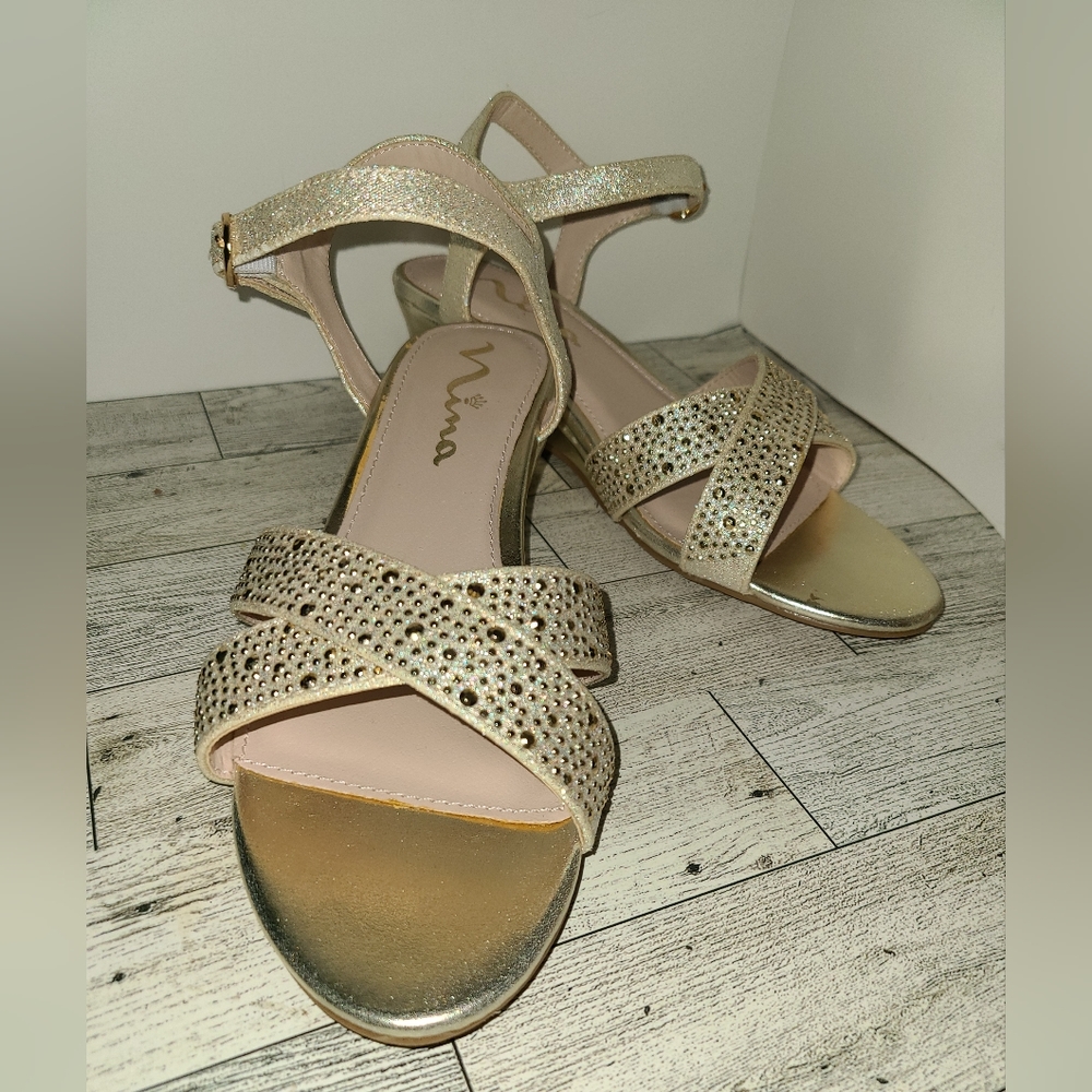 Nina Heel Sandels Stappy Prom Shoes Women's Size 5.5 Gold Rhinestone